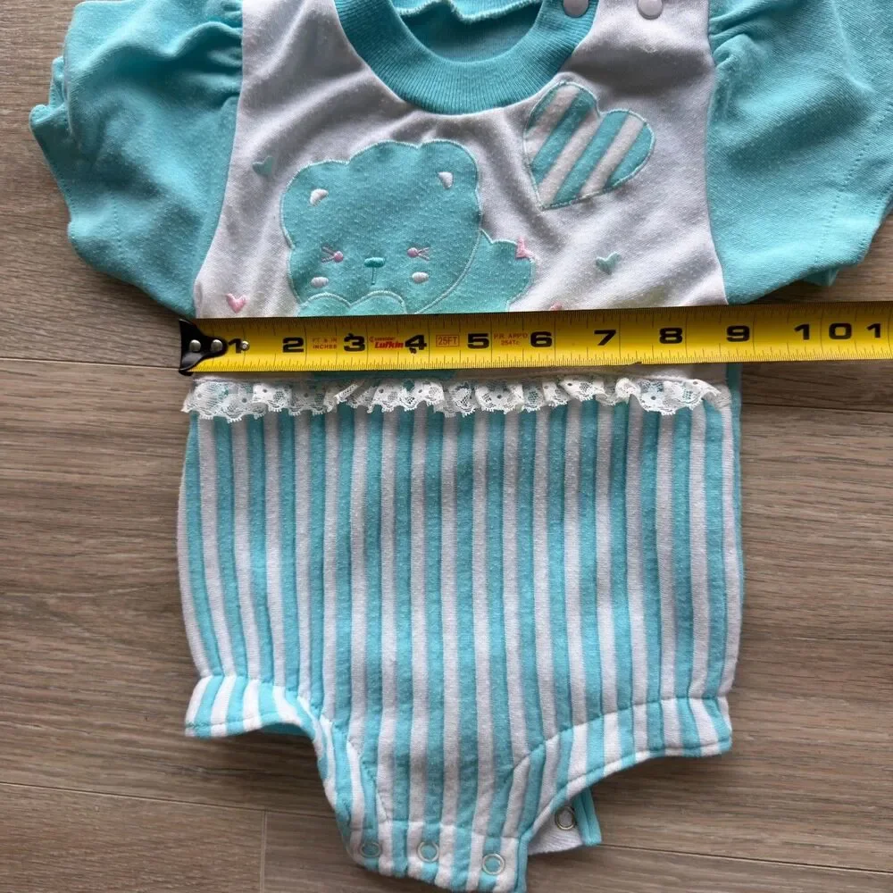 Vintage 80’s Blue & White Baby Romper 3-6 Mos One Piece Teddy Bear Balloon READ